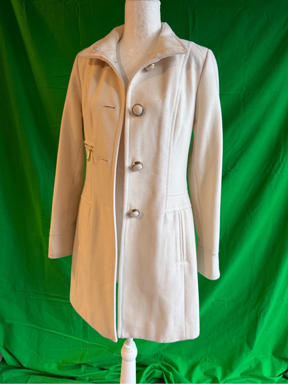 Vince Camuto Off-White Wool-Blend Trench Coat with Gold Accents